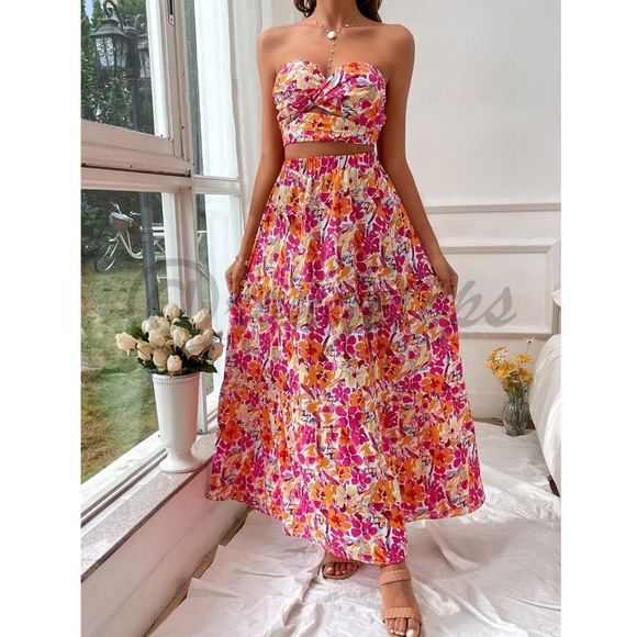 2 Piece Set Floral Strapless Top & High Waist Flared Maxi Skirt Pink Yellow - Picture 4 of 9
